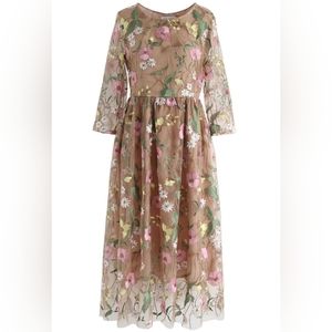 Chicwish LOVE BLOOMS EMBROIDERED MESH MIDI DRESS IN TAN